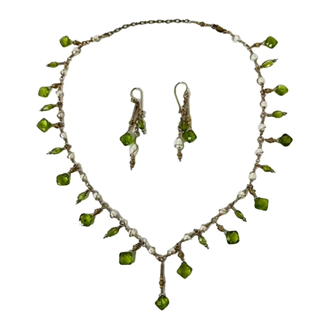 14K Gold Necklace with Peridot and Pearl with Matching Earrings