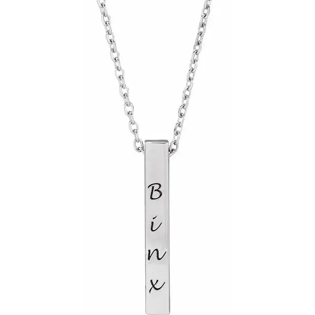 14K White Gold Engravable Four-Sided Vertical Bar 16-18" Necklace