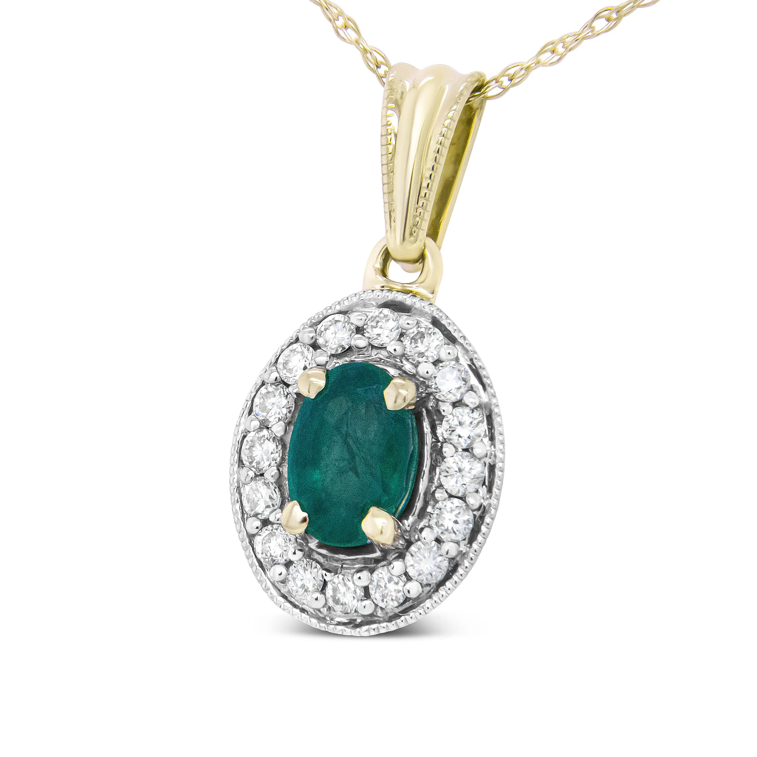 14K Yellow Gold 6x4mm Emerald and 1/5 Cttw Round Diamond Halo Pendant 18" Necklace -