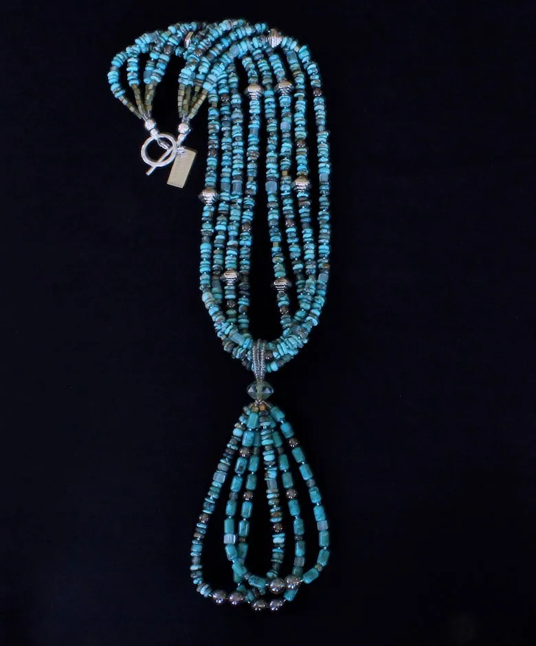 Blue Turquoise Rondelle Bead 4-Strand Necklace with 3-Loop Turquoise Barrel & Rondelle Bead Jacla, Hill Tribe Silver Spiral Bicones, Czech Glass Rounds & Cubes, and a Hammered Sterling Silver Toggle Clasp