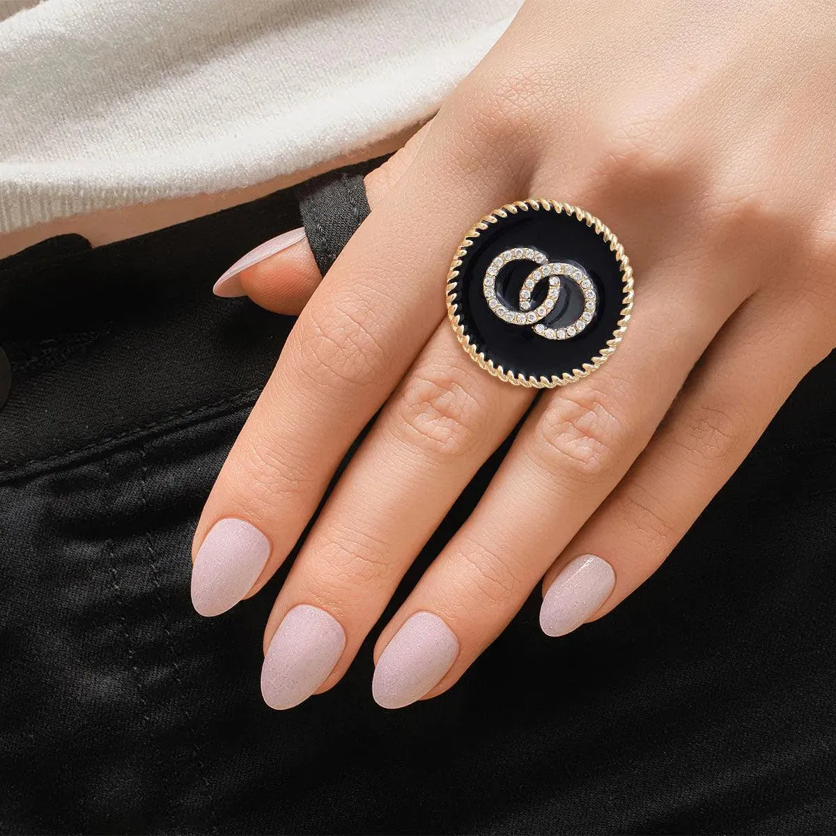 Get Noticed with the Black Medallion Cocktail Ring Infinity Statement - Fashion Jewelry