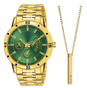 Men Gold Analog Watch Green Dial With Golden Chain Pendant