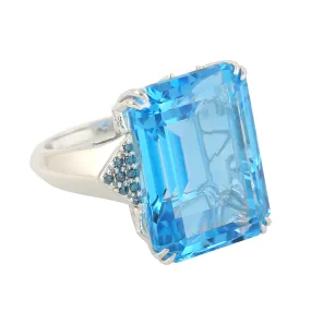 Natural Emerald Cut Topaz & Diamond Cocktail Ring In 10k White Gold For Her