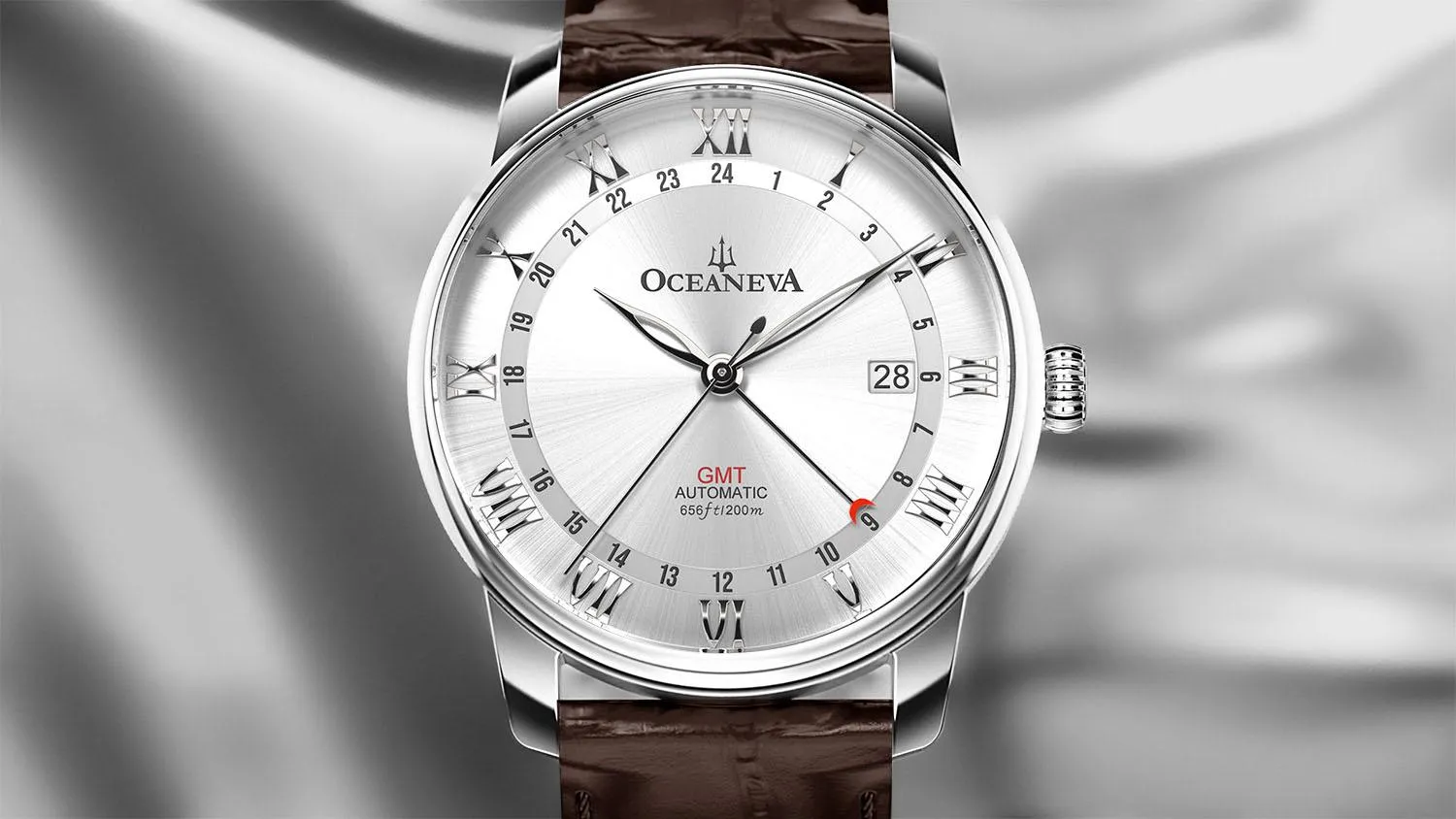 Oceaneva Men's OceanTrek GMT Automatic 200m Leather Silver Watch