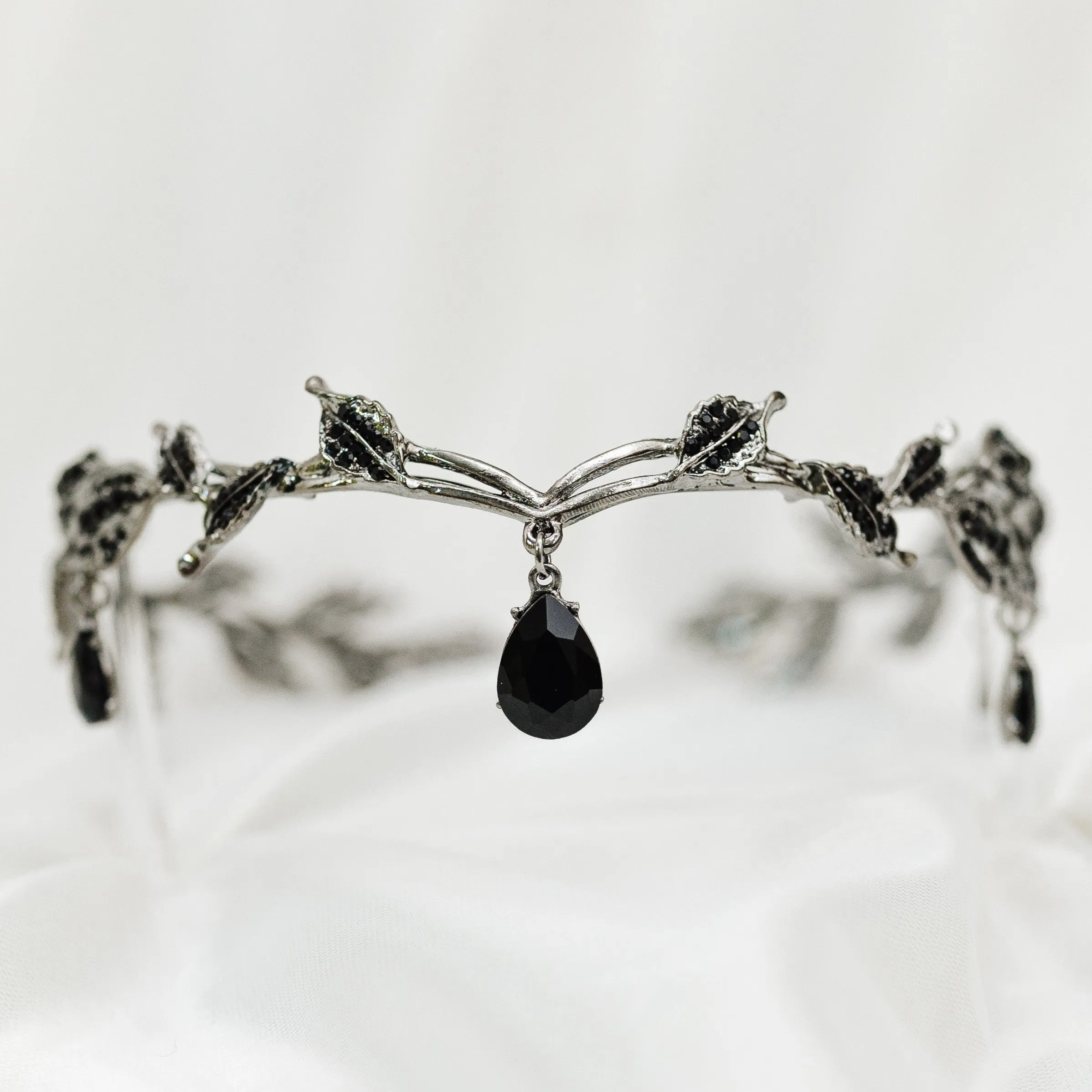 Octavia’s Crystal Drop Head Band in Antique Silver White Gold & Black