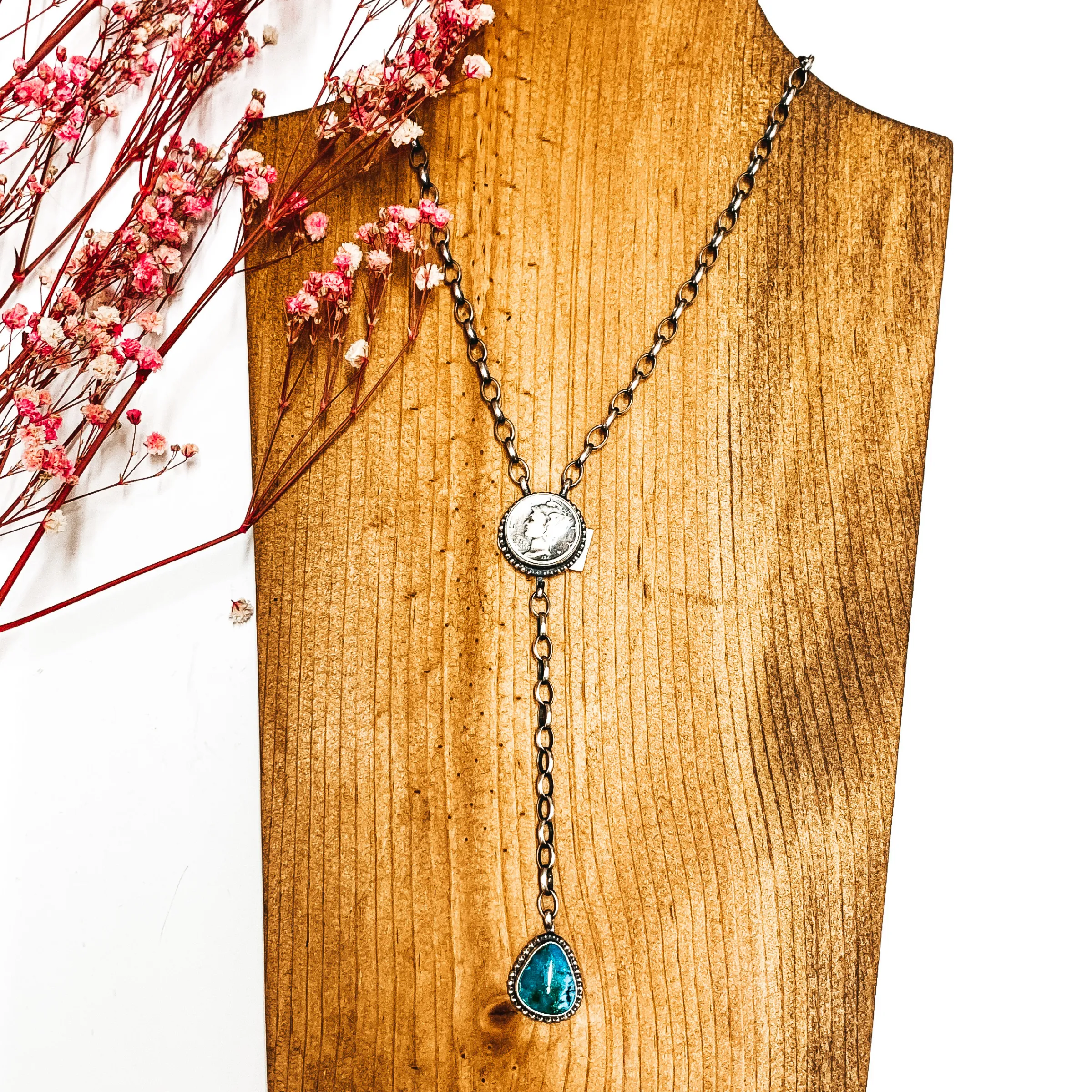 Online Exclusive | Various Artists | Navajo Handmade Sterling Silver Coin Lariat Necklace with Turquoise Stone Drop