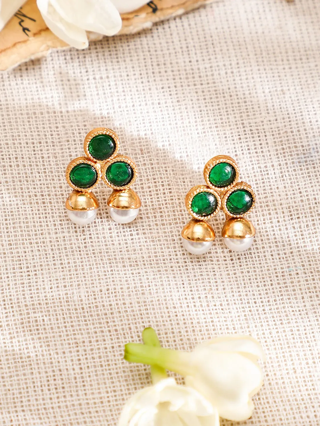 Rubans 22K Gold-Plated Emerald Green & Pearl Beaded Traditional Jewellery Set